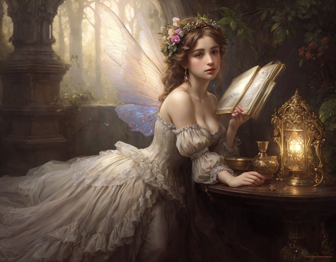 Fairy in Elegant Gown Reading in Sunlit Forest