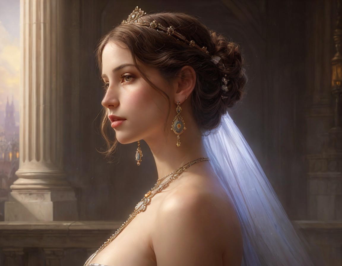 Bridal portrait with ornate jewelry and classical backdrop