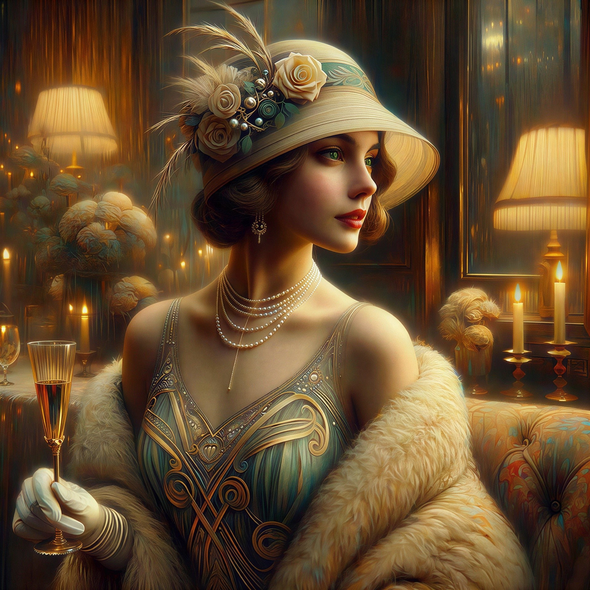 Woman in White Hat with Floral Accents and Dress