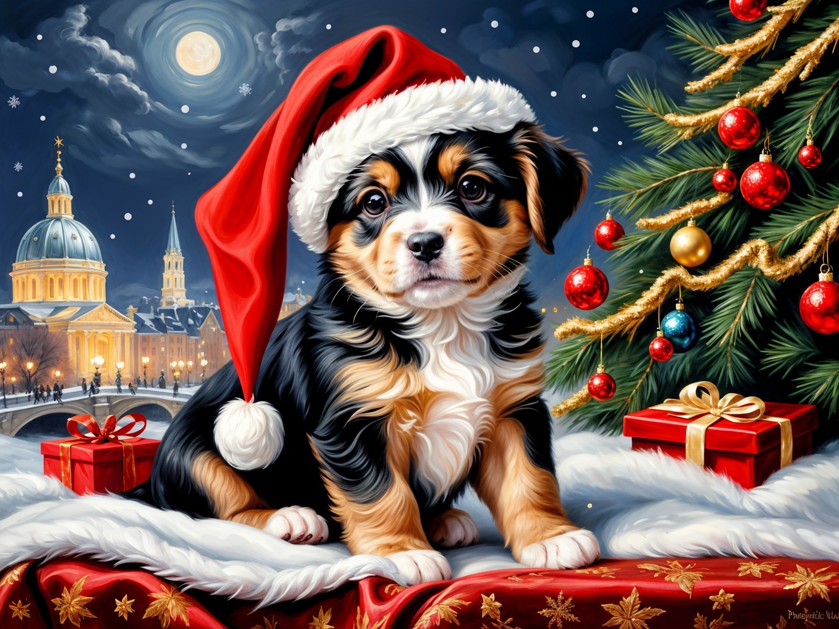 Puppy in Santa Hat Surrounded by Holiday Gifts