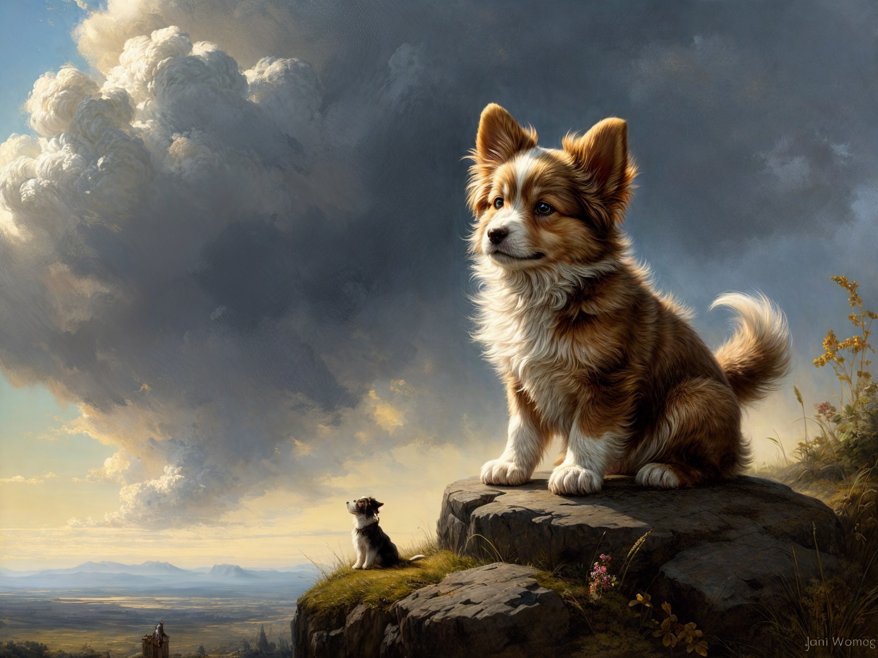 Corgi and Smaller Dog in Serene Landscape Setting