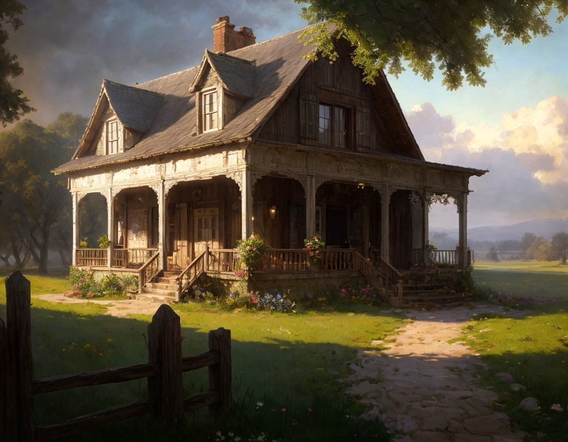Victorian House Surrounded by Lush Greenery and Flowers