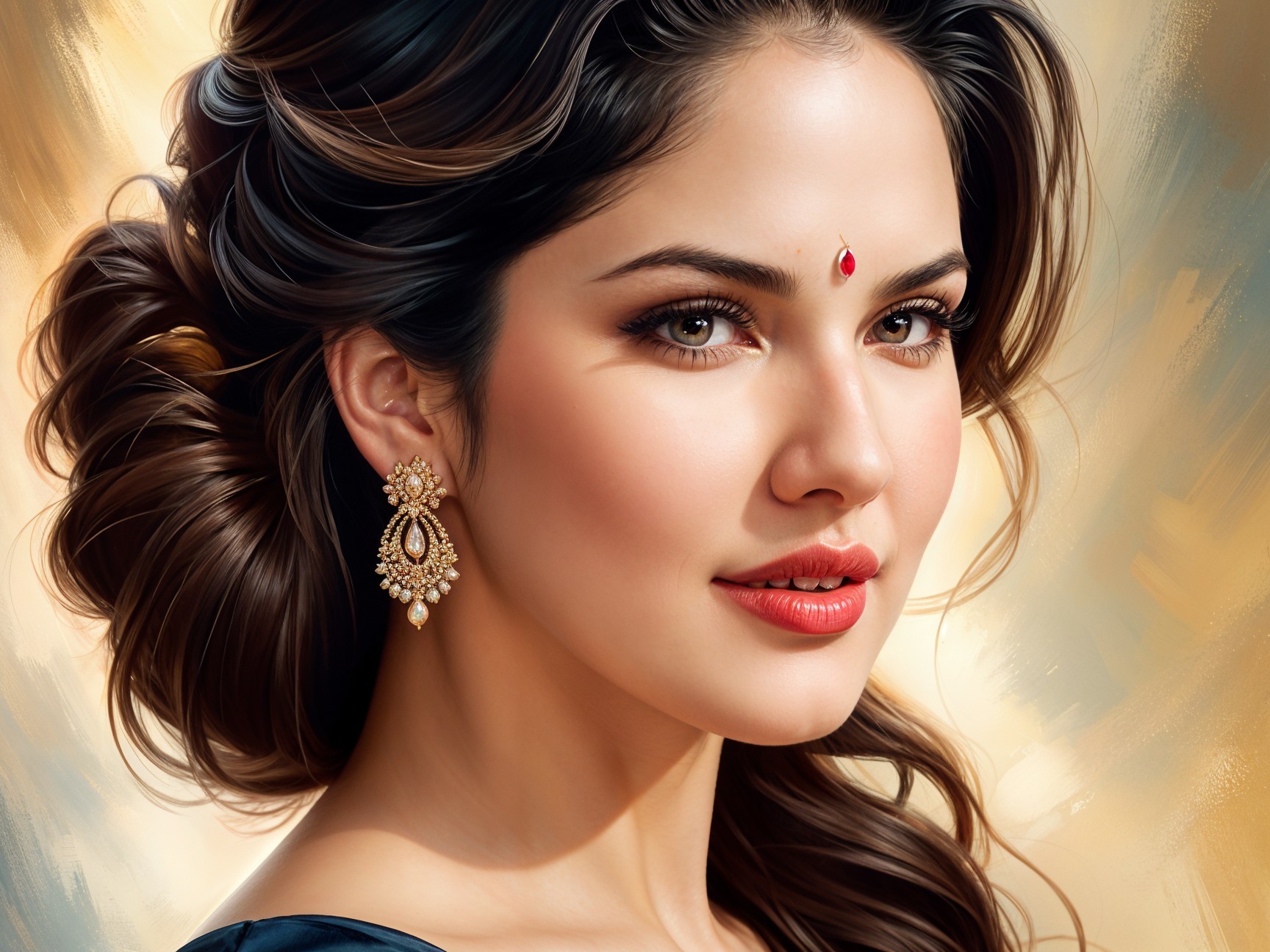 Elegant Portrait of Woman with Flowing Hair and Bindi