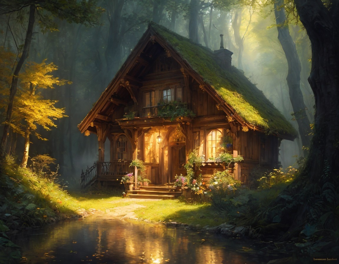 Wooden cottage with thatched roof in forest setting