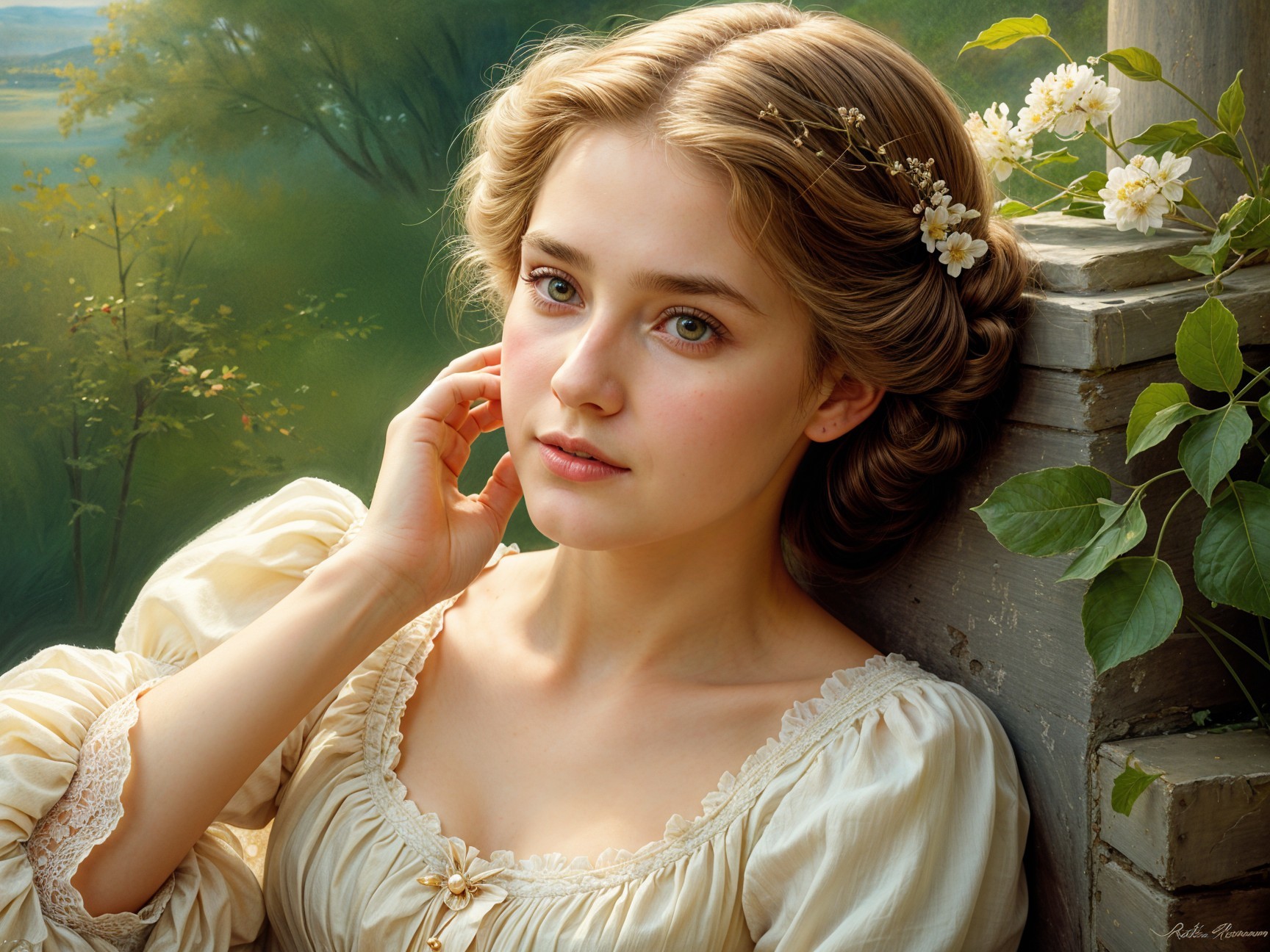 Young woman in cream dress with flowers in hair
