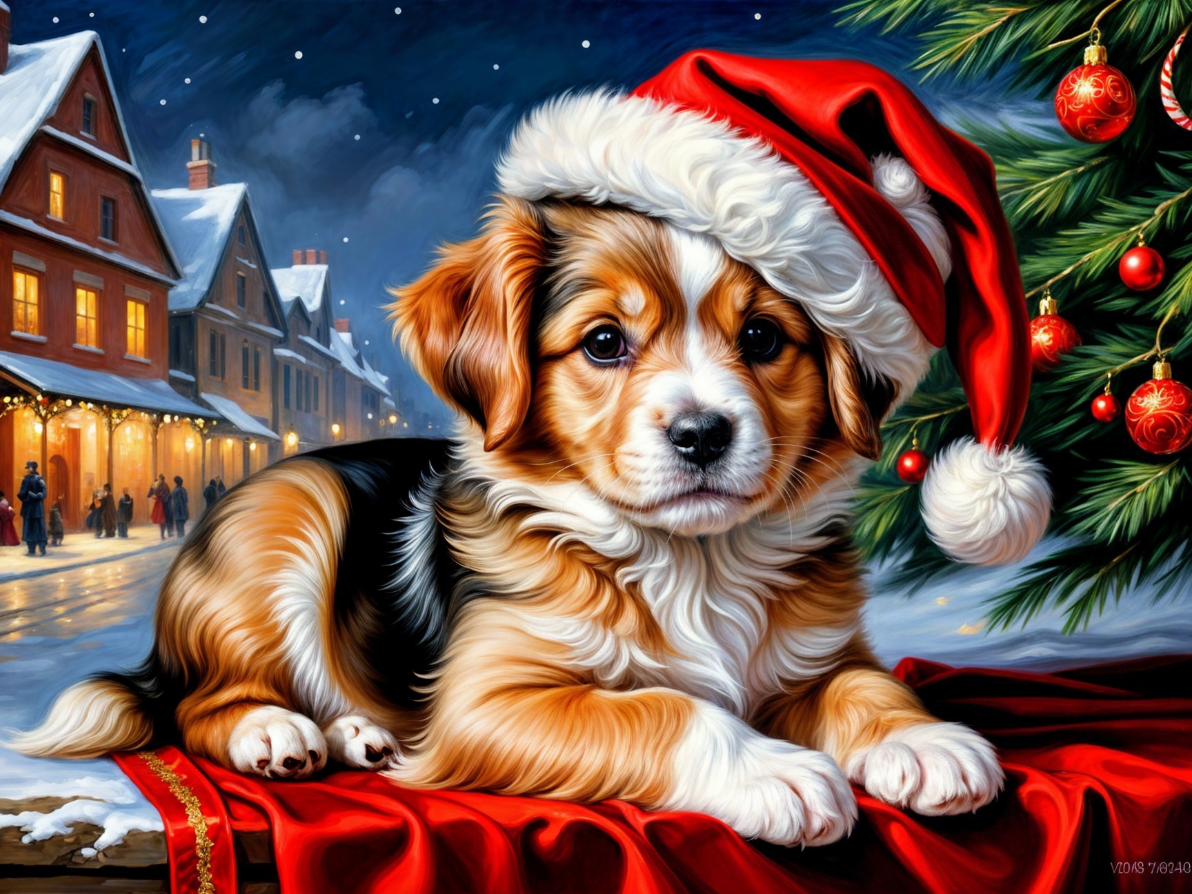 Puppy in Santa Hat Amidst Festive Christmas Setting