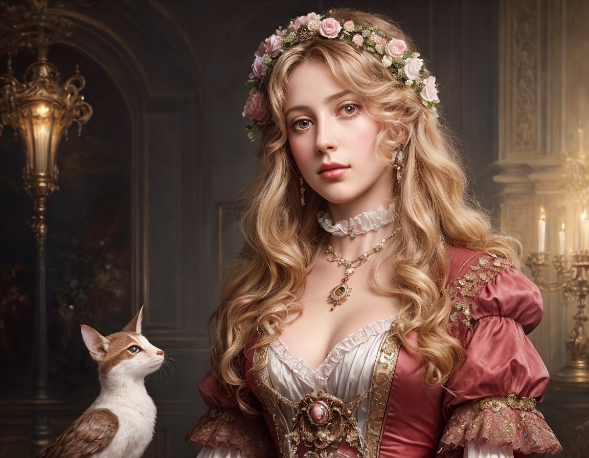 Renaissance style woman with floral crown and cat in opulent room