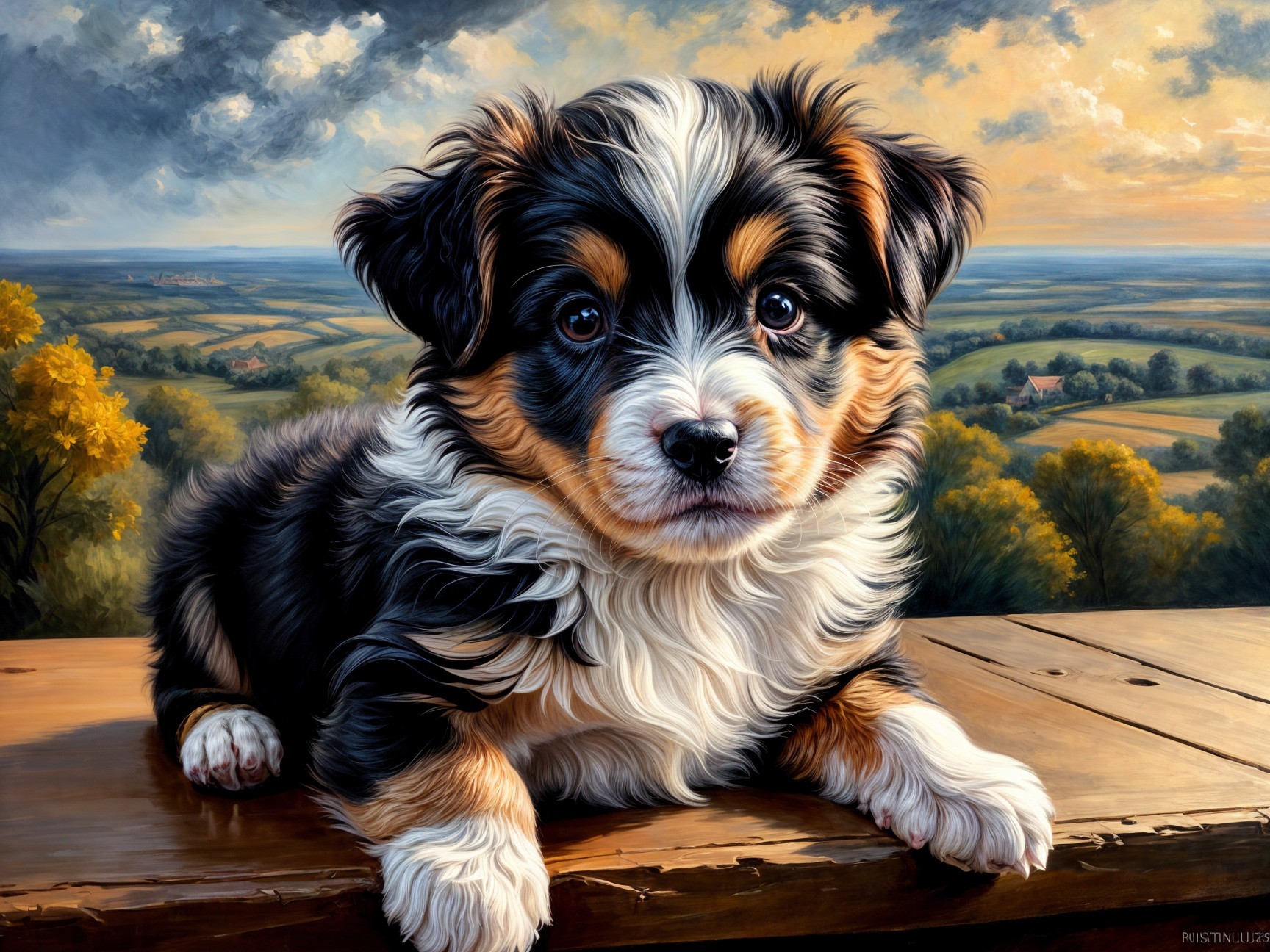 Charming Fluffy Puppy Resting on Wooden Surface