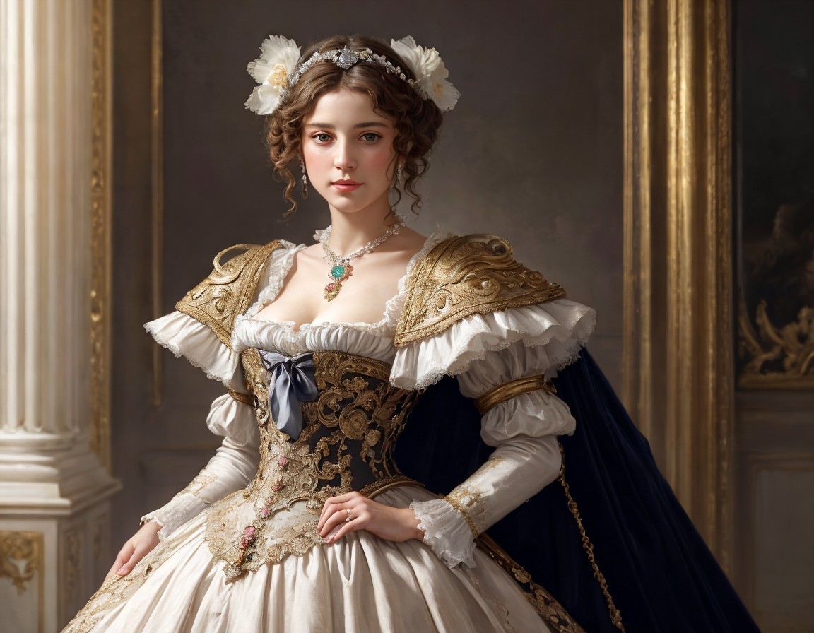 Elegant woman in period dress with lace collar and blue sash