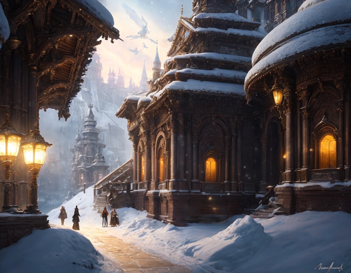 Snow-covered cityscape with people walking in winter.