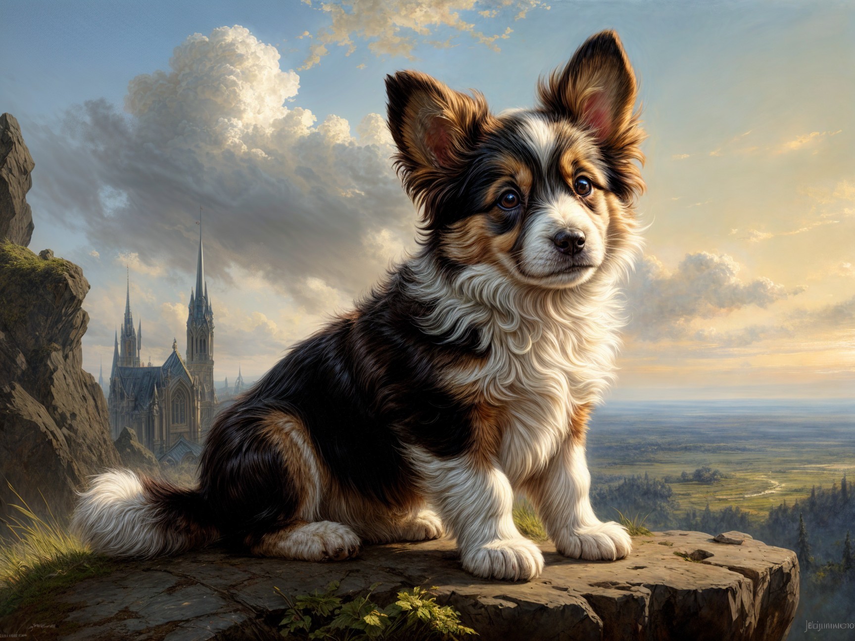 Corgi on Rocky Ledge with Scenic Landscape Background