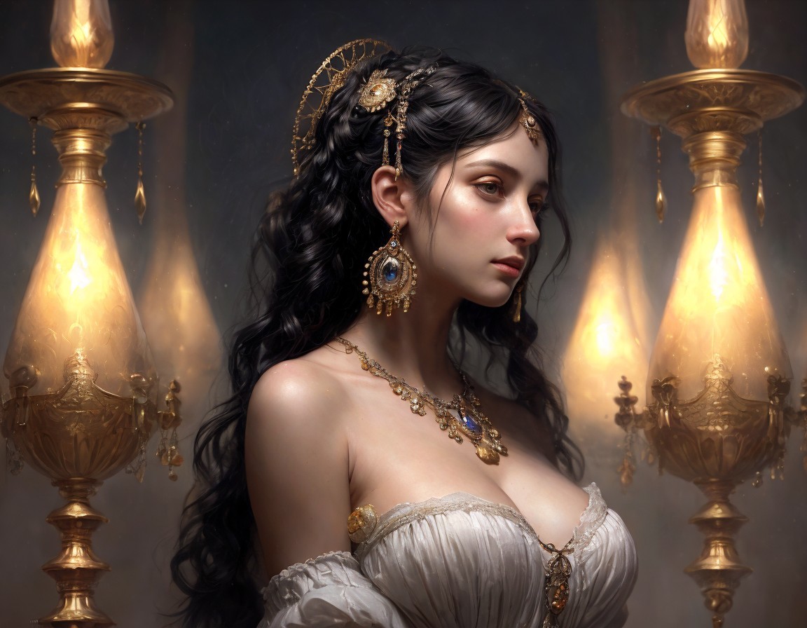 Elegant woman in regal attire with antique candelabra