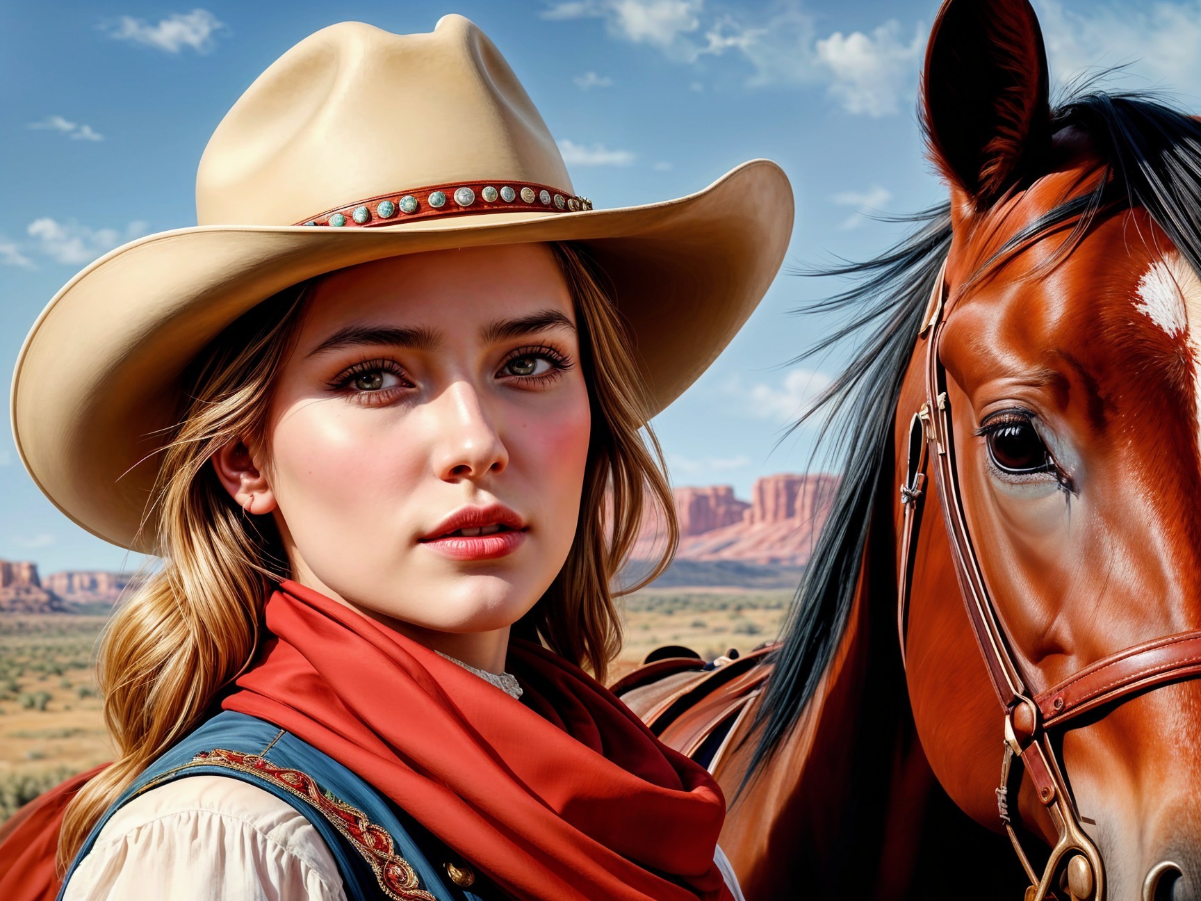Young Woman in Cowboy Hat with Chestnut Horse in Desert