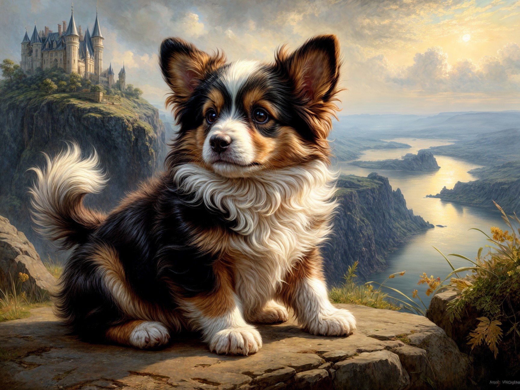 Fluffy dog on rocky outcrop with castle backdrop