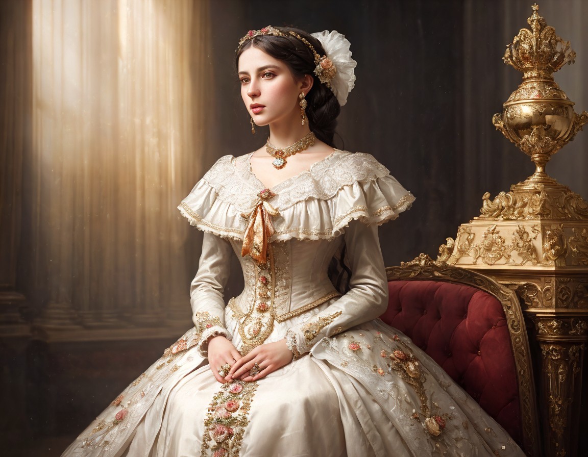 Regal Woman in Ivory Gown on Lavish Chair