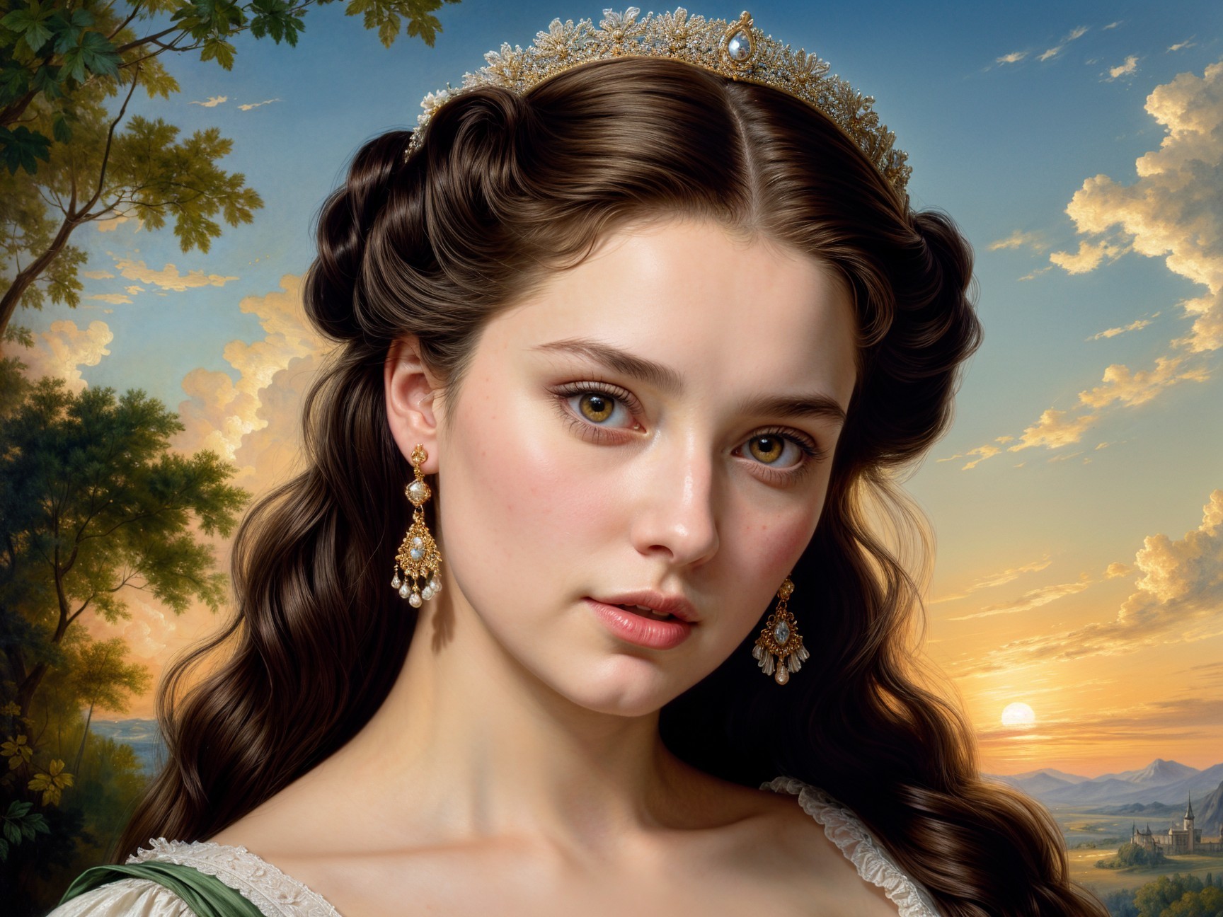 Young Woman in Green Dress Against Serene Sunset