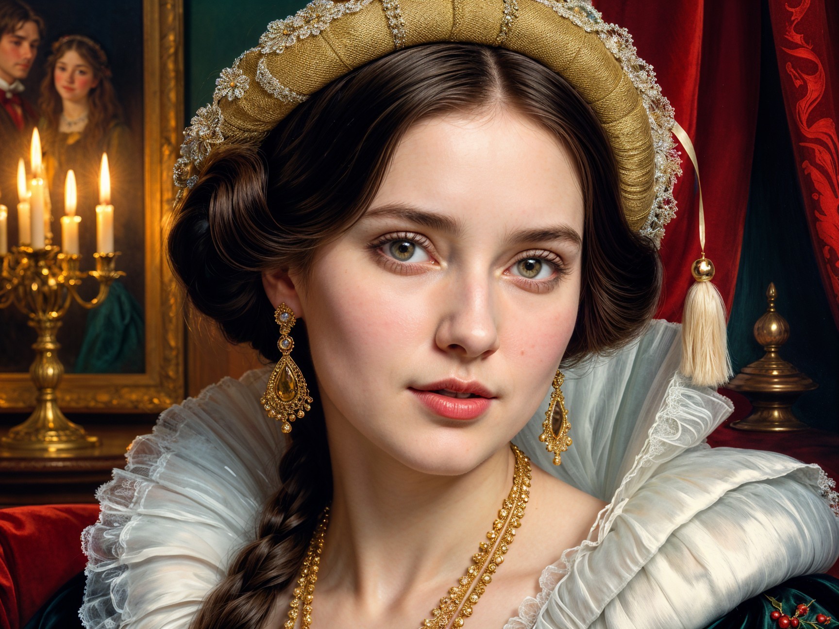 Elegant Historical Attire with Candlelight Backdrop