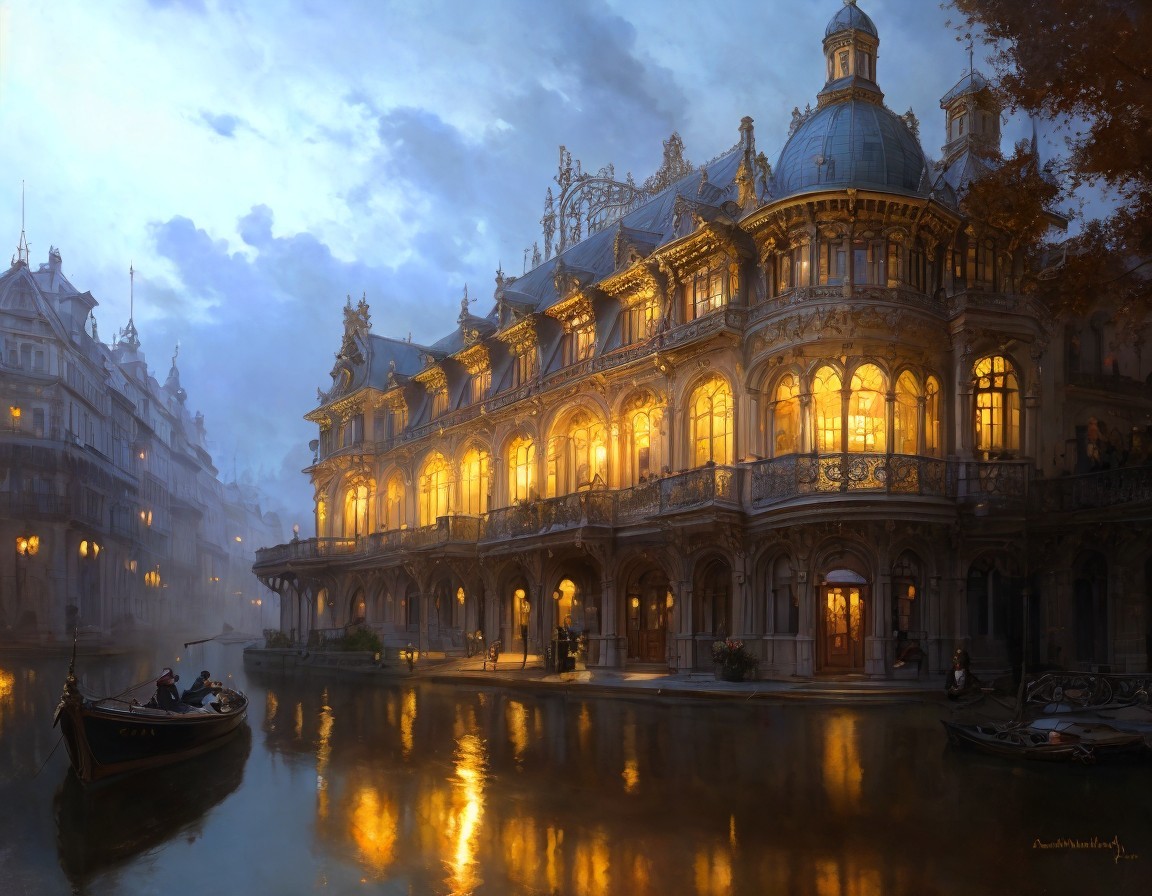 Ornate Building by Canal with Twilight Reflections