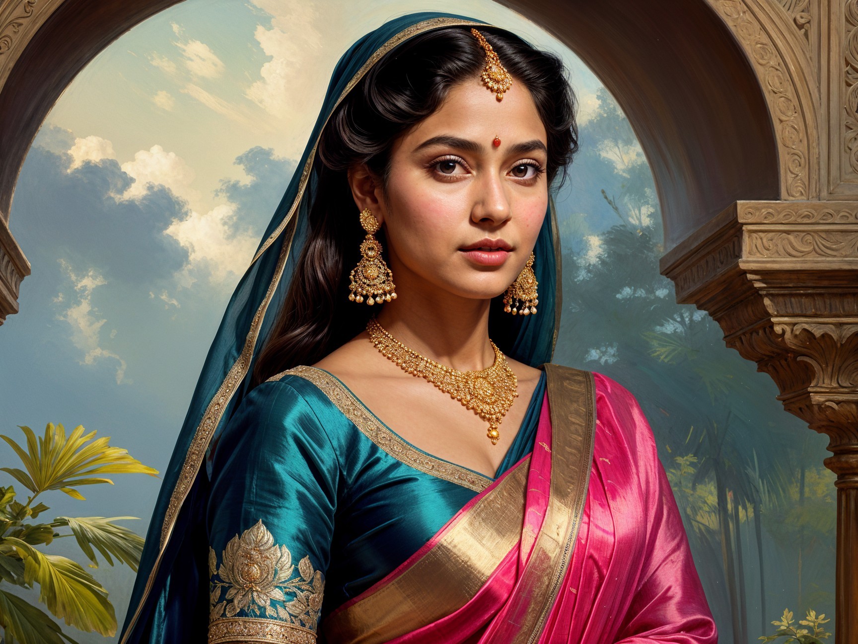 Vibrant Silk Saree with Traditional Jewelry in Nature