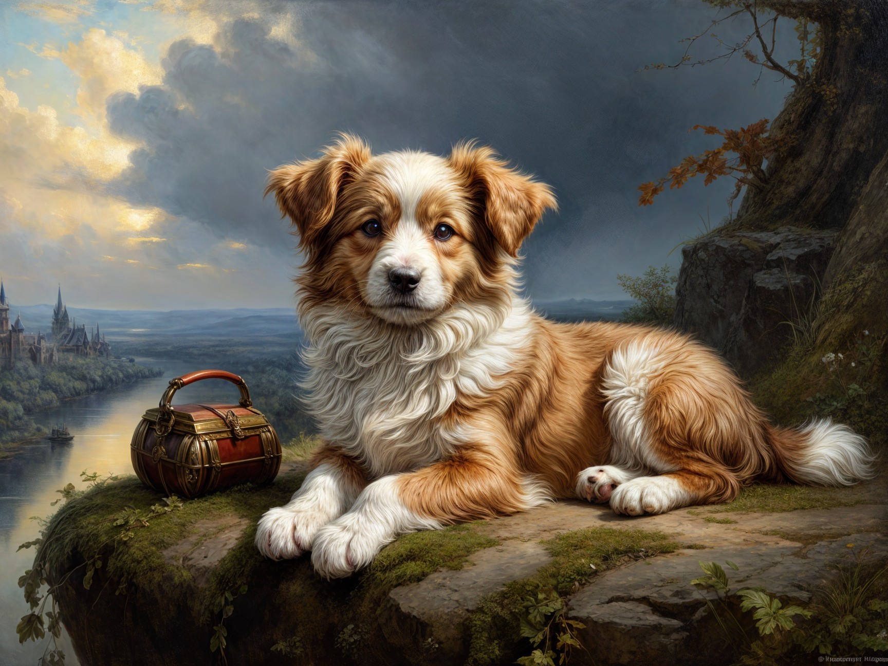 Golden-and-white dog on rocky ledge with treasure chest