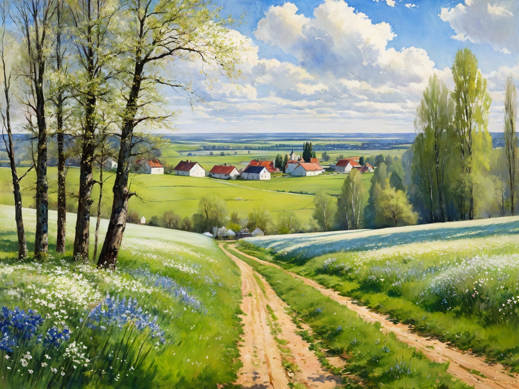 Winding Path Through Lush Fields and Rolling Hills