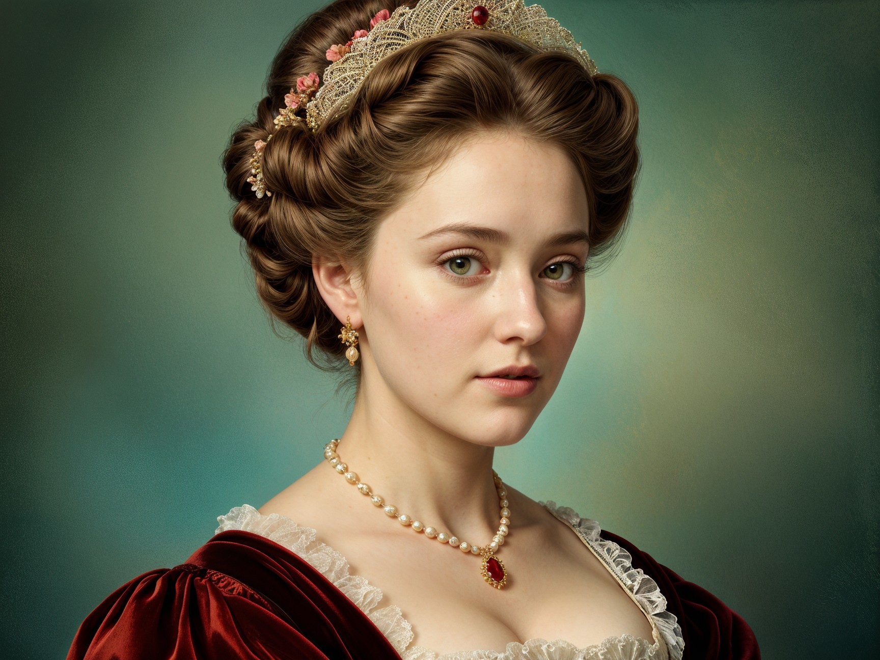 Young Woman in Velvet Dress with Floral Accents