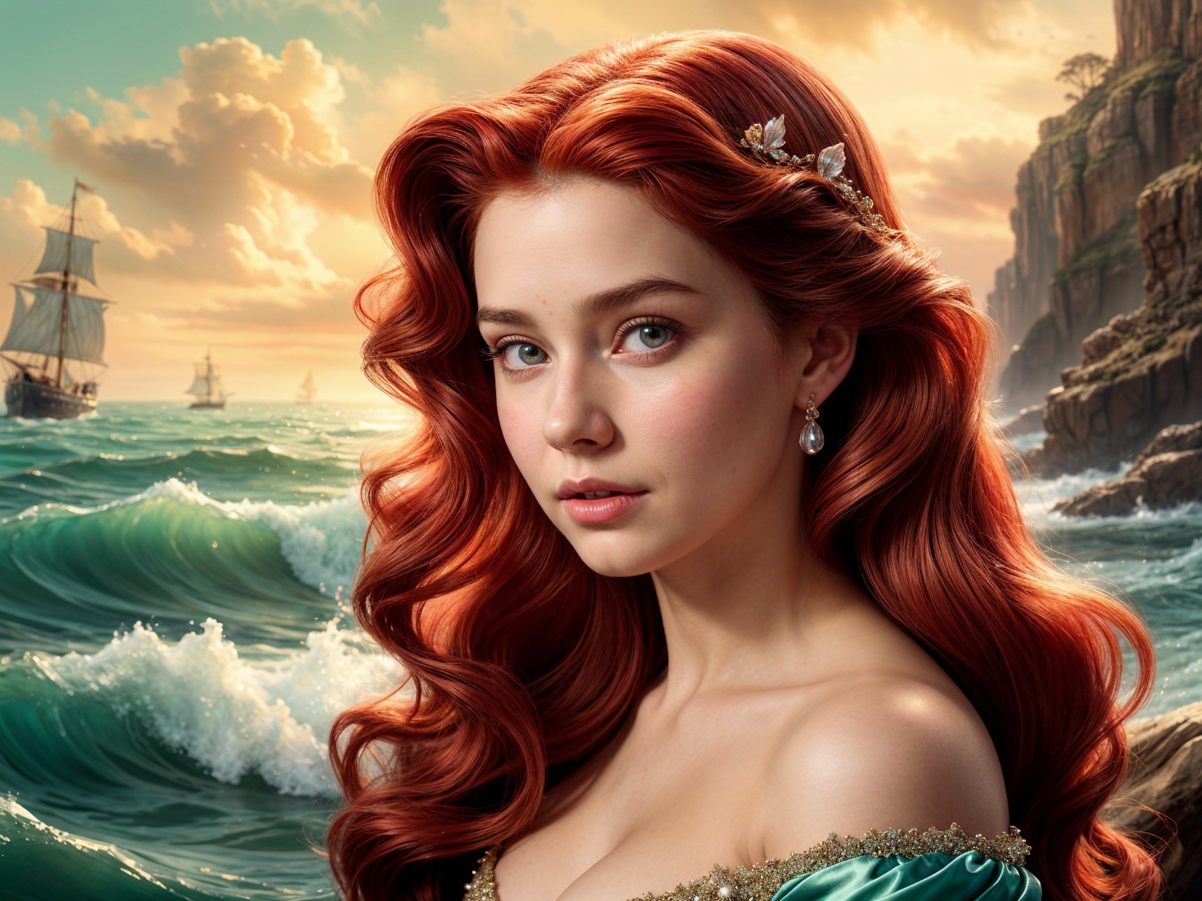 Young woman in green gown by the sea with sailboats