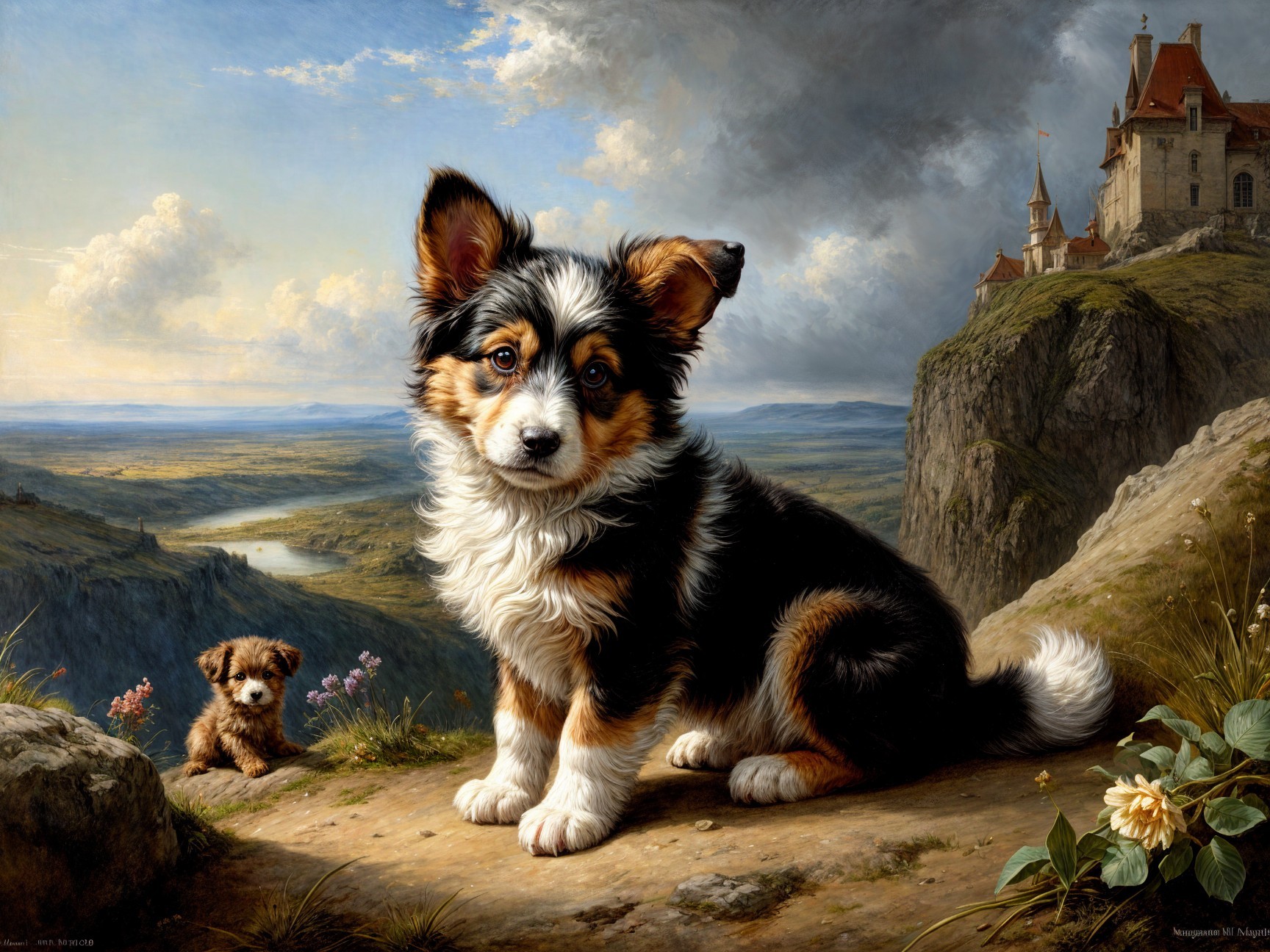 Corgi Puppy on Hillside with Castle and River View