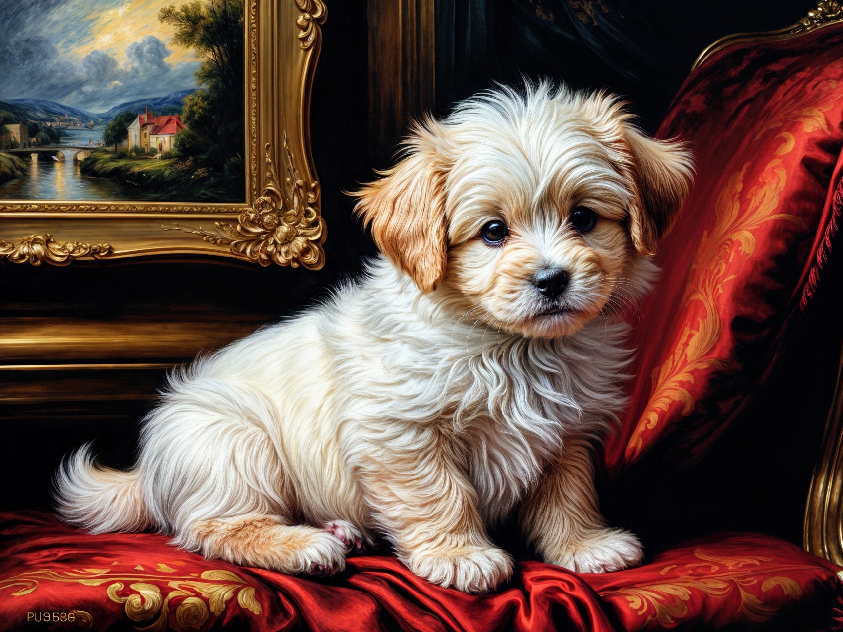 Small fluffy puppy on red velvet cushion with painting