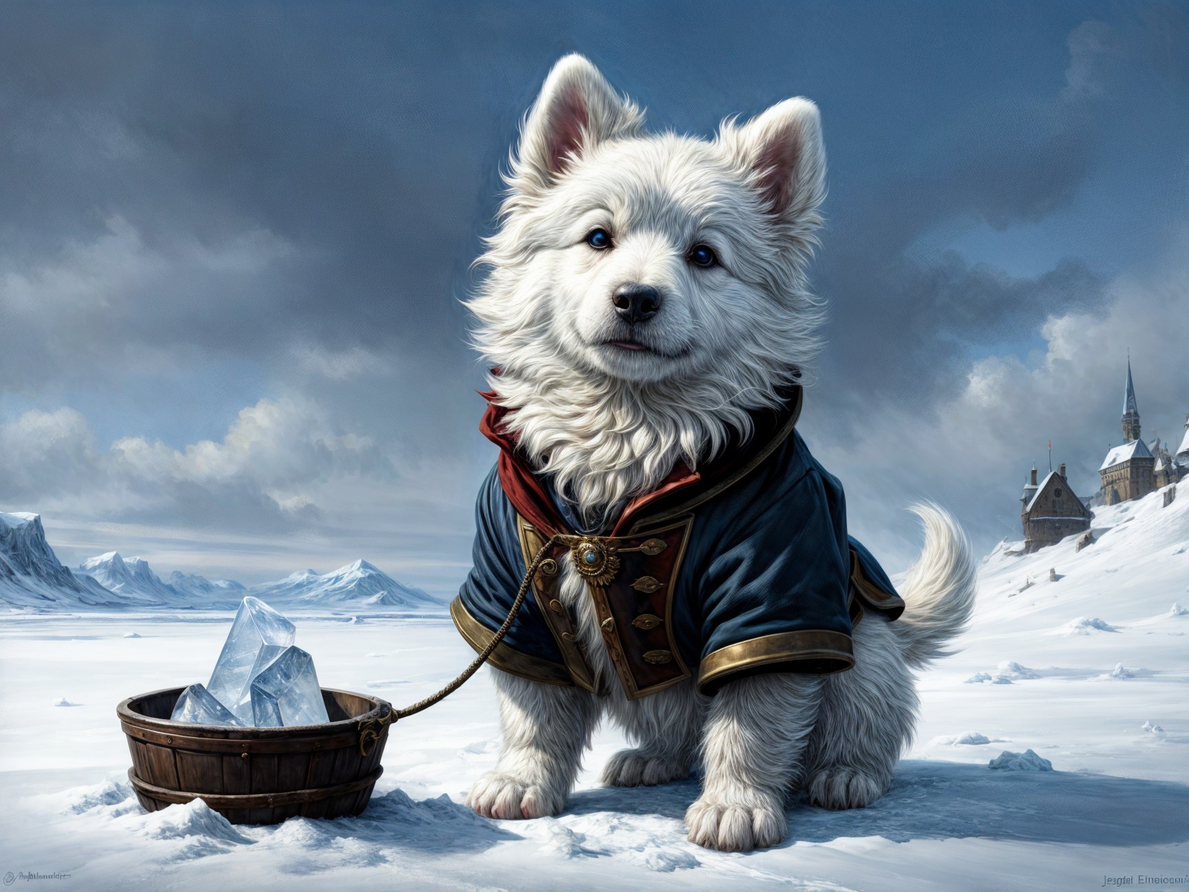 Fluffy White Puppy in Snowy Landscape with Blue Coat