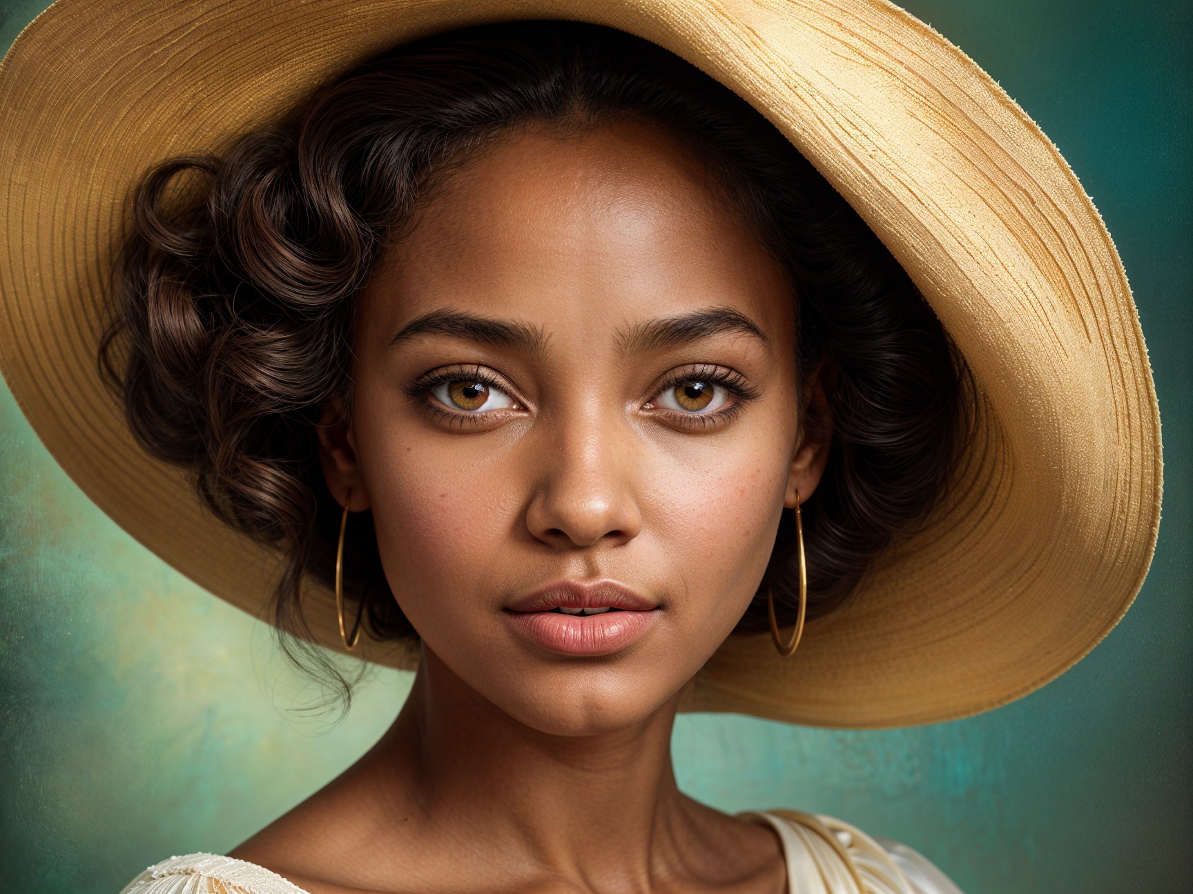 Young woman in straw hat with captivating brown eyes