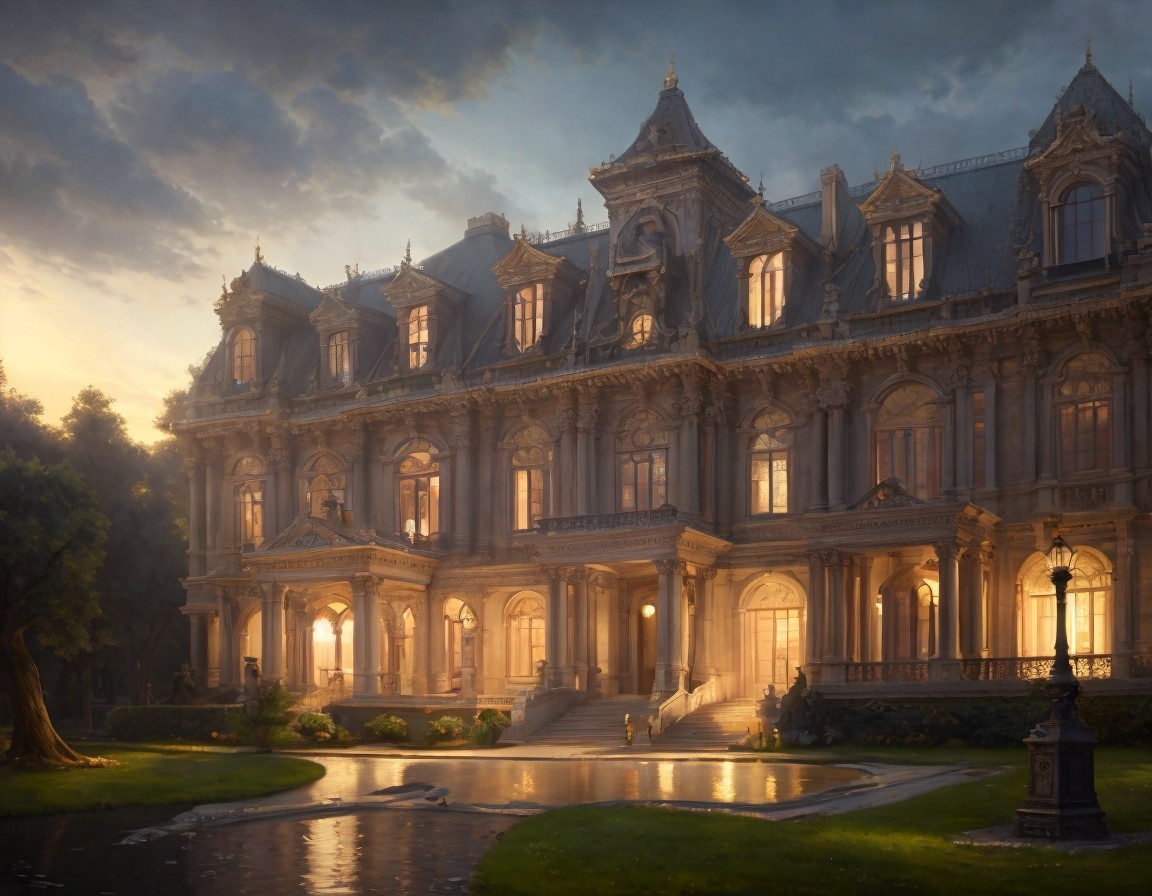 Opulent Mansion at Dusk with Lush Surroundings
