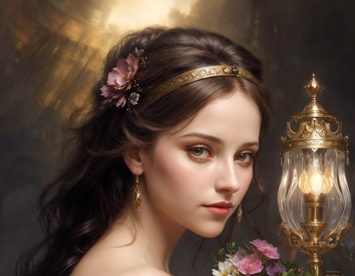 Digital painting: Young woman with floral headpiece & gold band next to ornate lamp