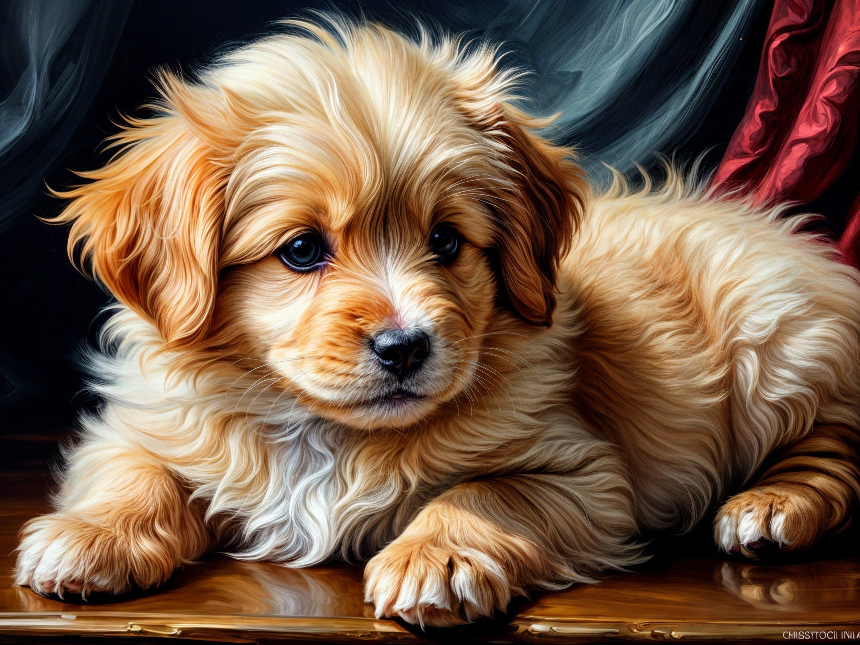 Fluffy Golden Puppy on Polished Surface with Drapery