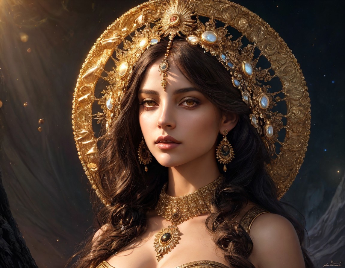 Woman in Luxurious Gold Jewelry with Ethereal Lighting
