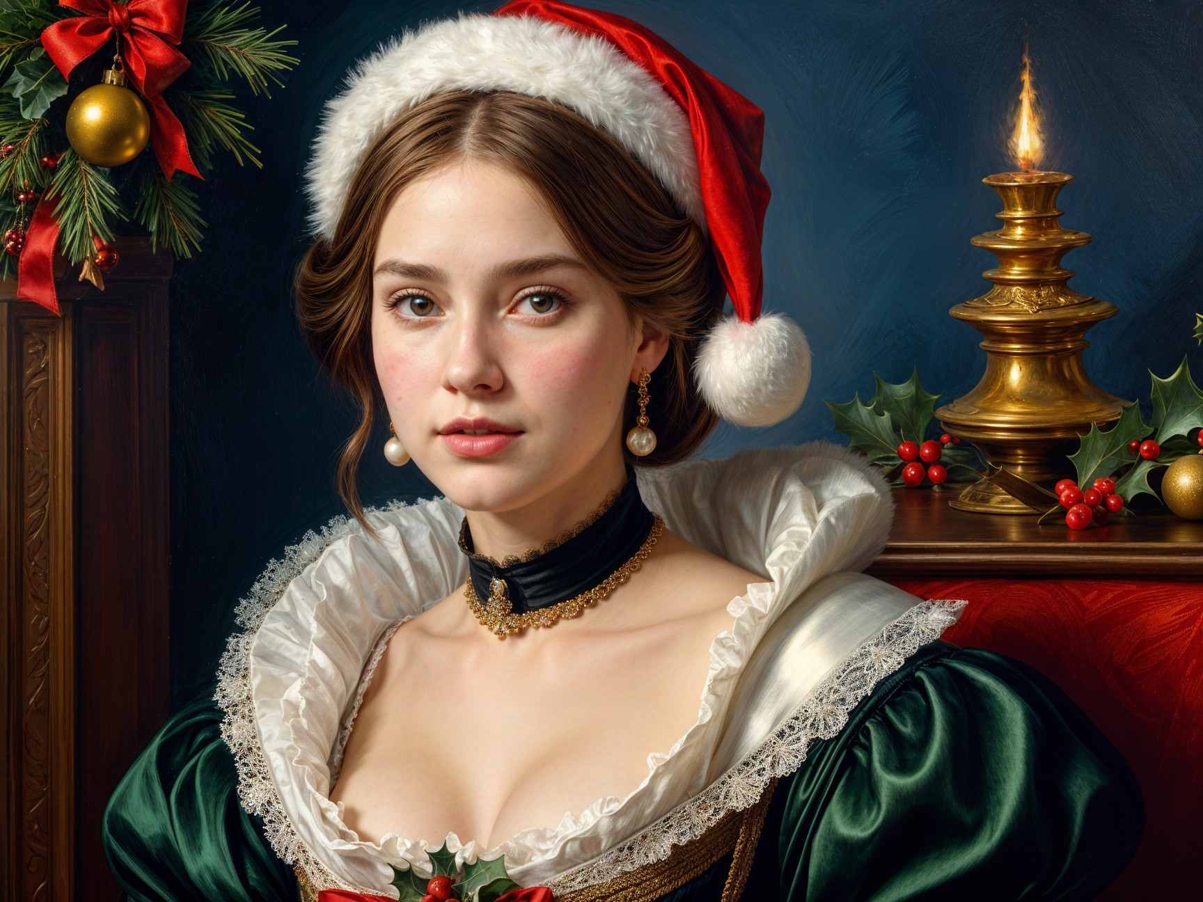 Young Woman in Vintage Holiday Attire with Decorations