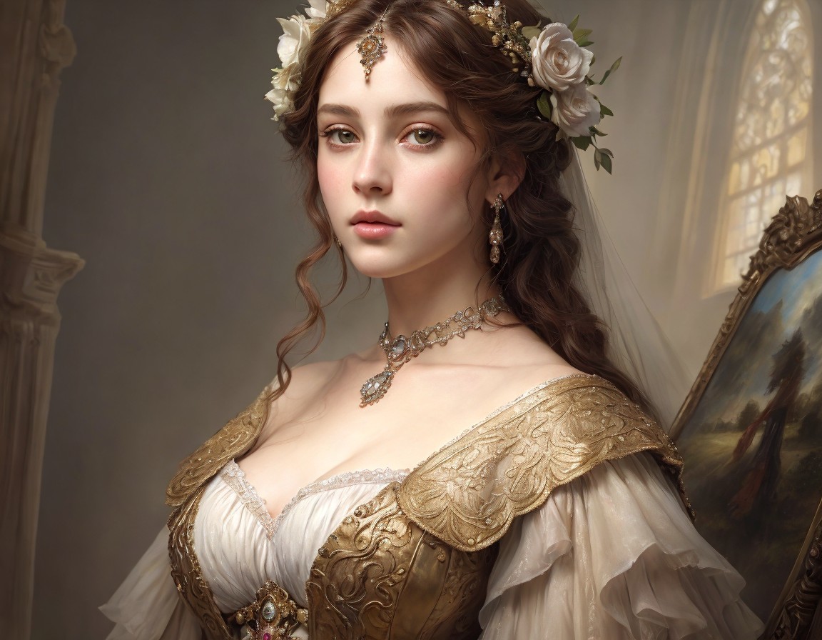 Portrait of a woman in a regal gown with flowers and lace