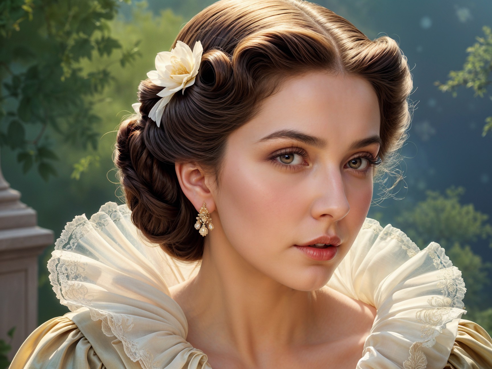 Young Woman with Classic Hairstyle and Floral Accent