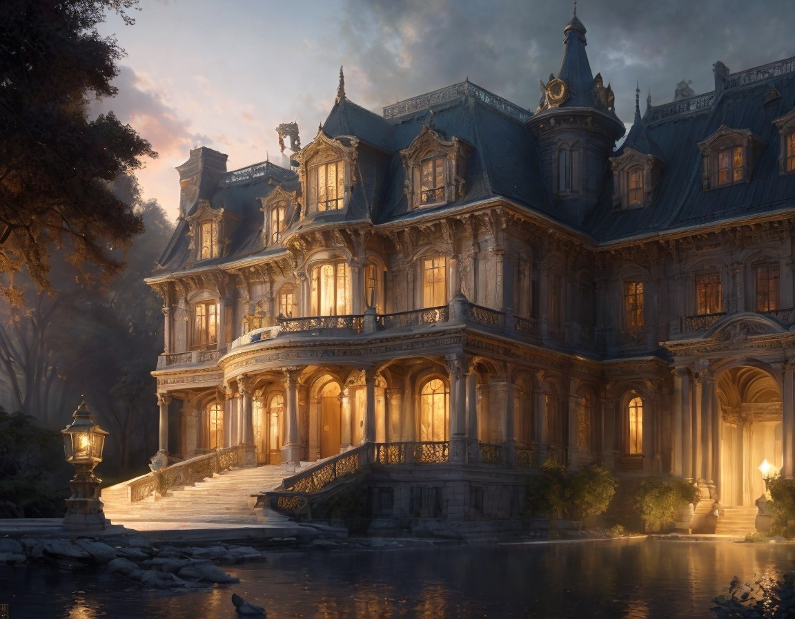Ornate mansion by pond with intricate architecture