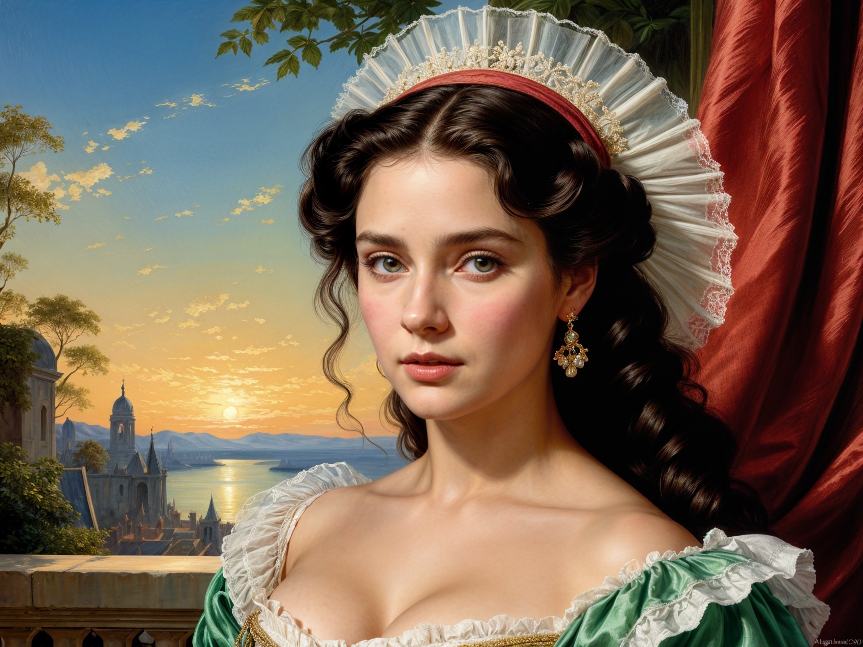 Young woman in historical dress against sunset landscape
