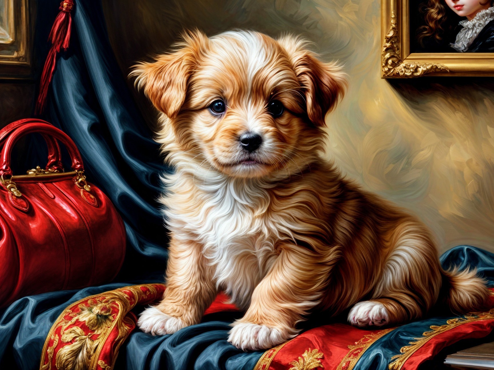 Fluffy Golden-Brown Puppy on Luxurious Fabric