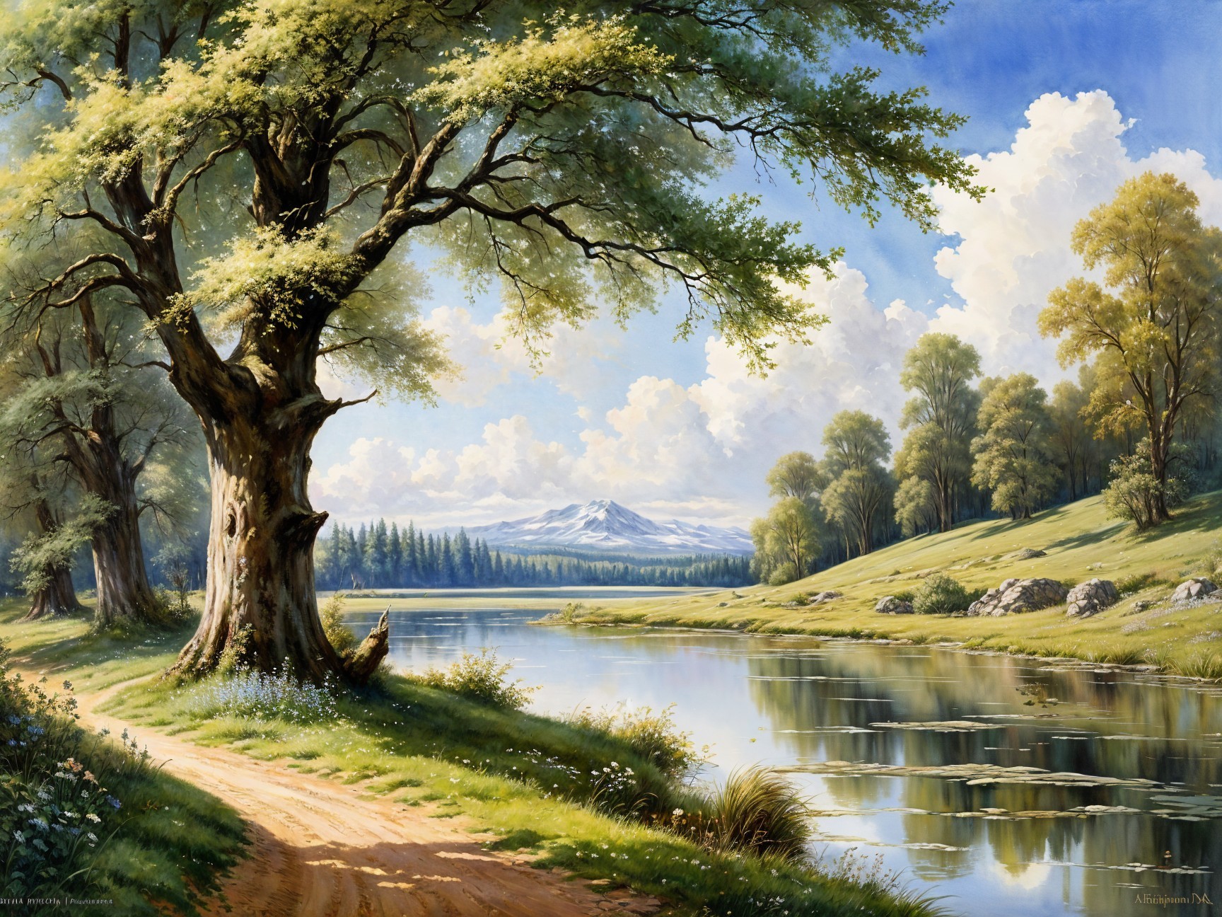Tranquil River Landscape with Lush Vegetation and Hills