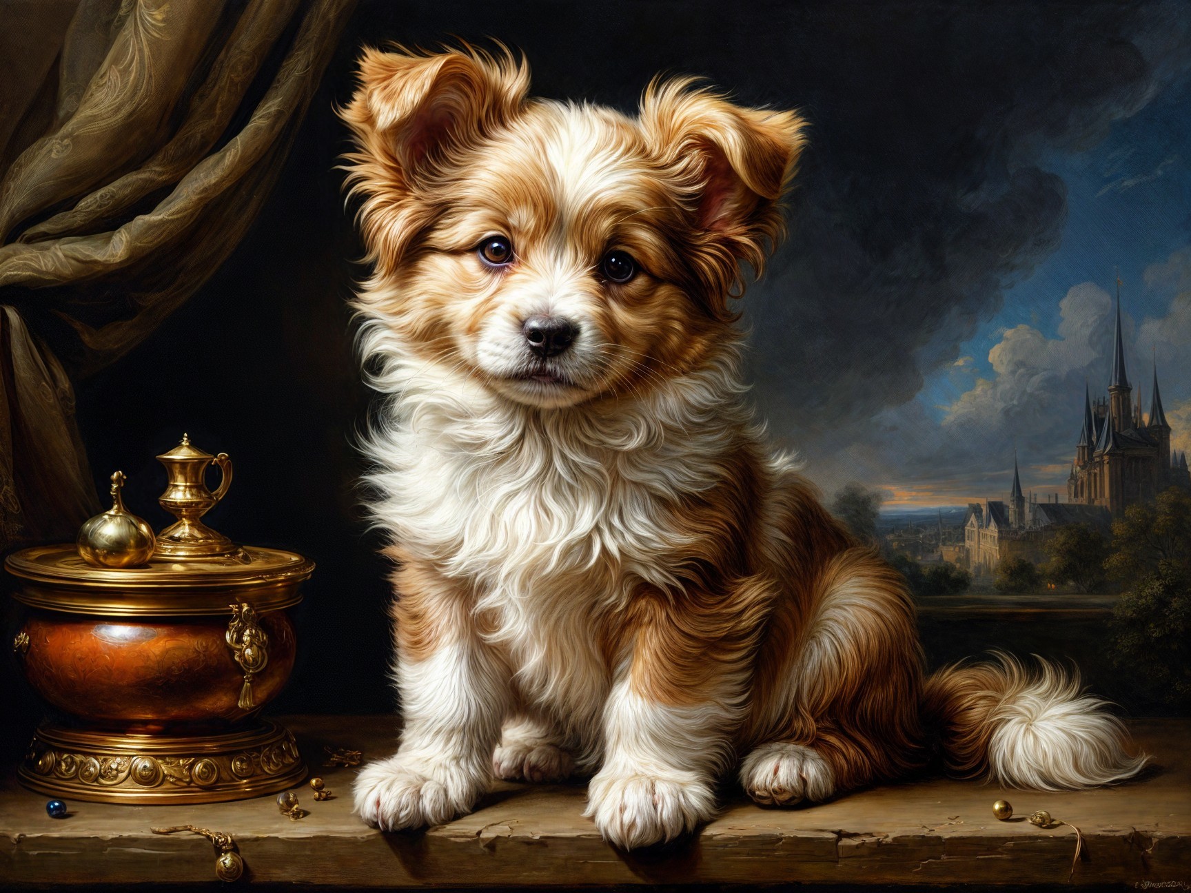 Fluffy Puppy on Wooden Surface with Dreamy Landscape