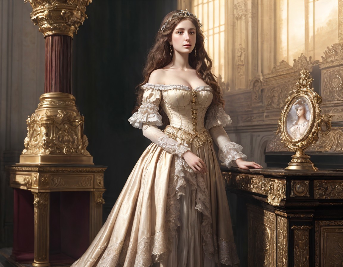 Vintage Ball Gown Woman Beside Ornate Golden Mirror