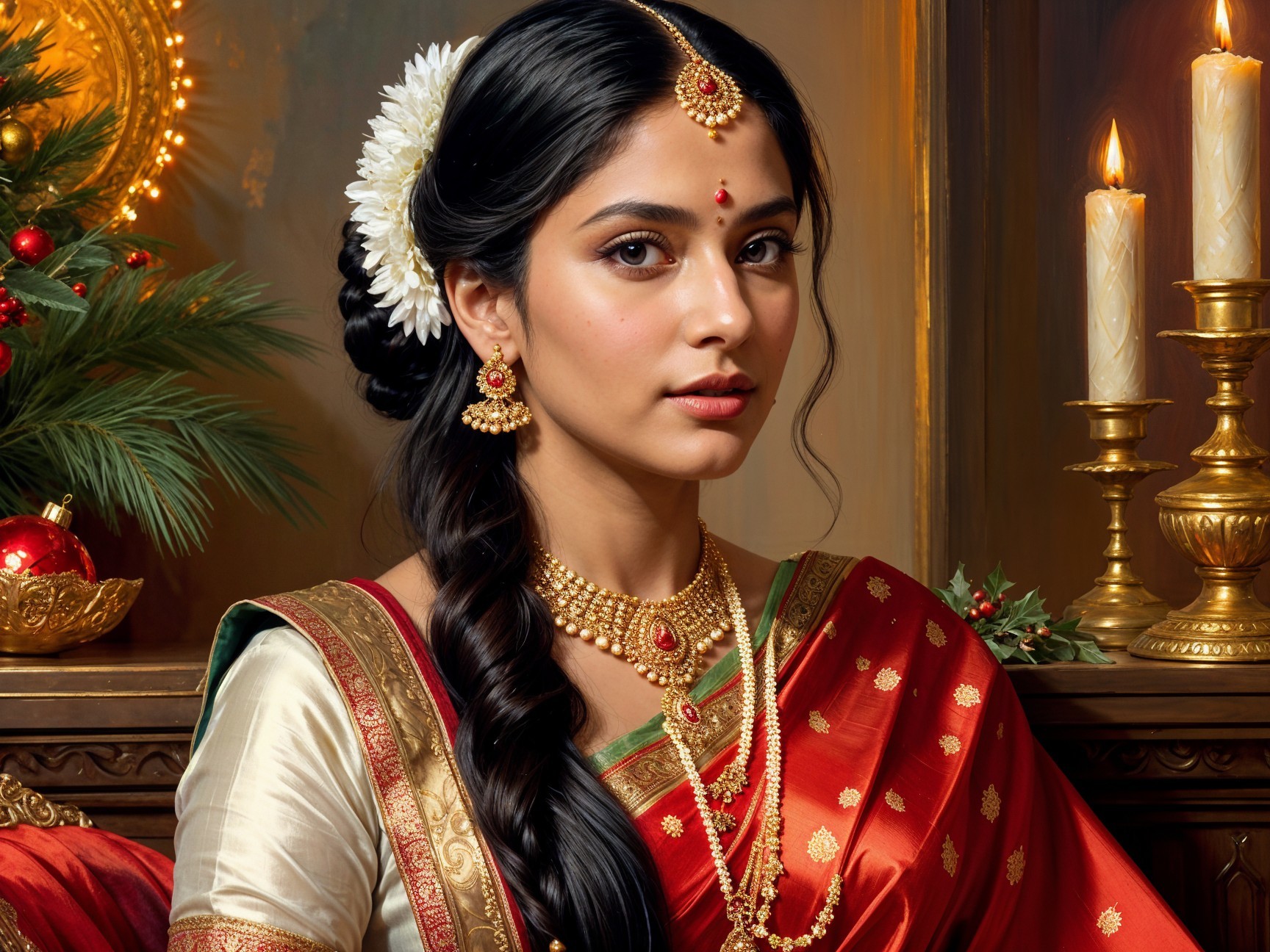 Young woman in traditional red and gold saree with jewelry