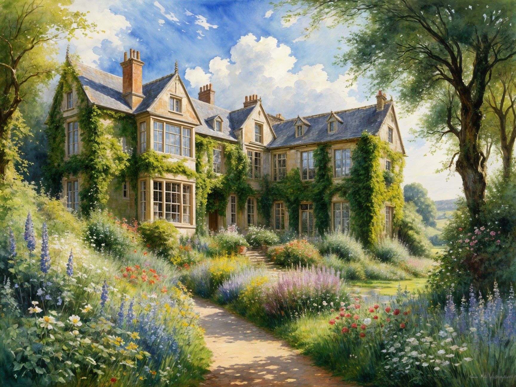 Ivy-Covered Estate Surrounded by Vibrant Garden
