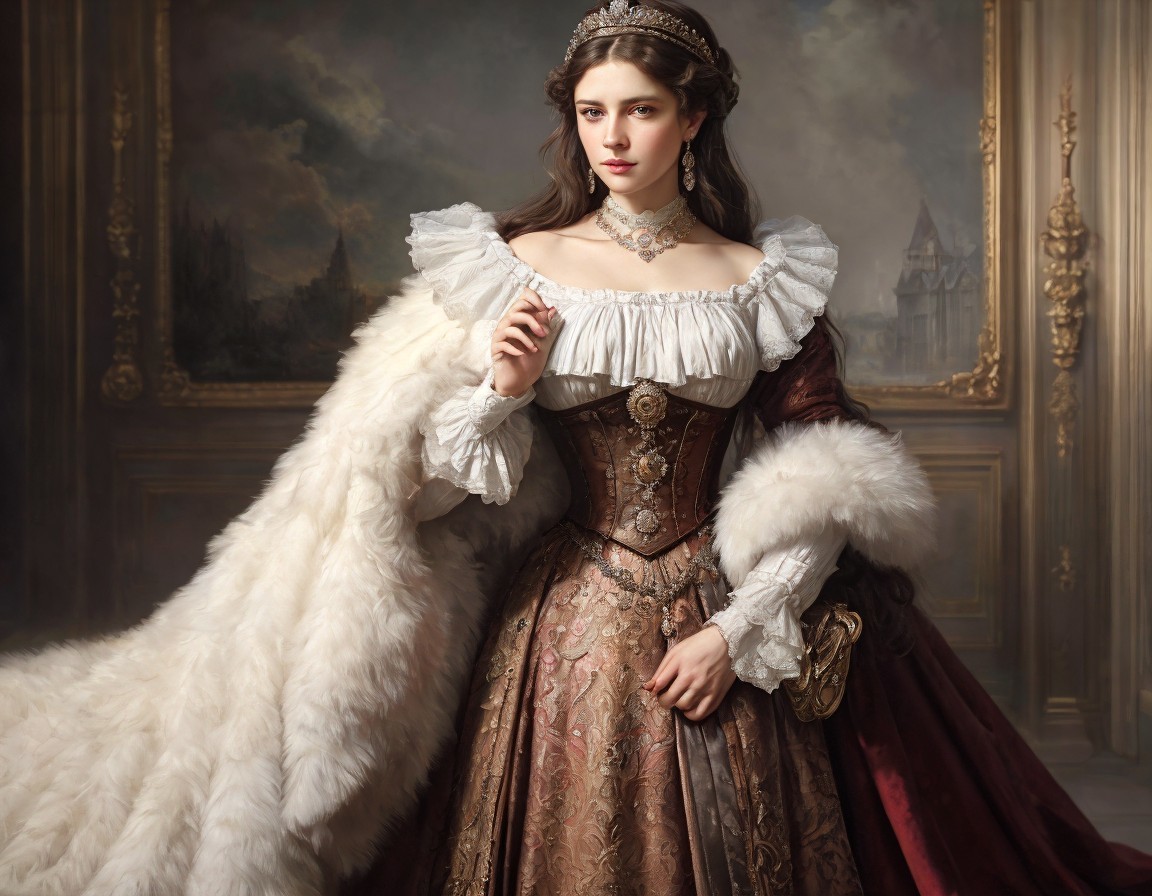 Regal woman in historical dress and fur stole with pearl necklace in elegant pose.