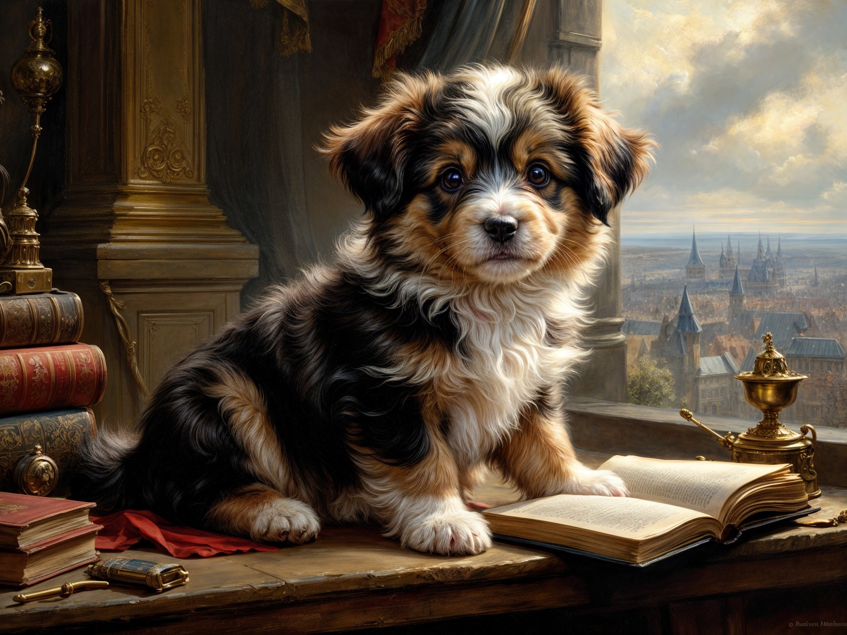 Curly Tri-Colored Puppy on Antique Desk in Sunlight