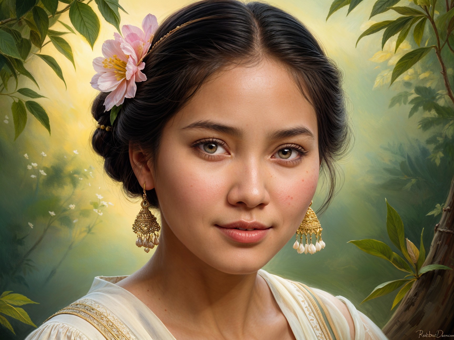 Young woman with serene expression in lush greenery