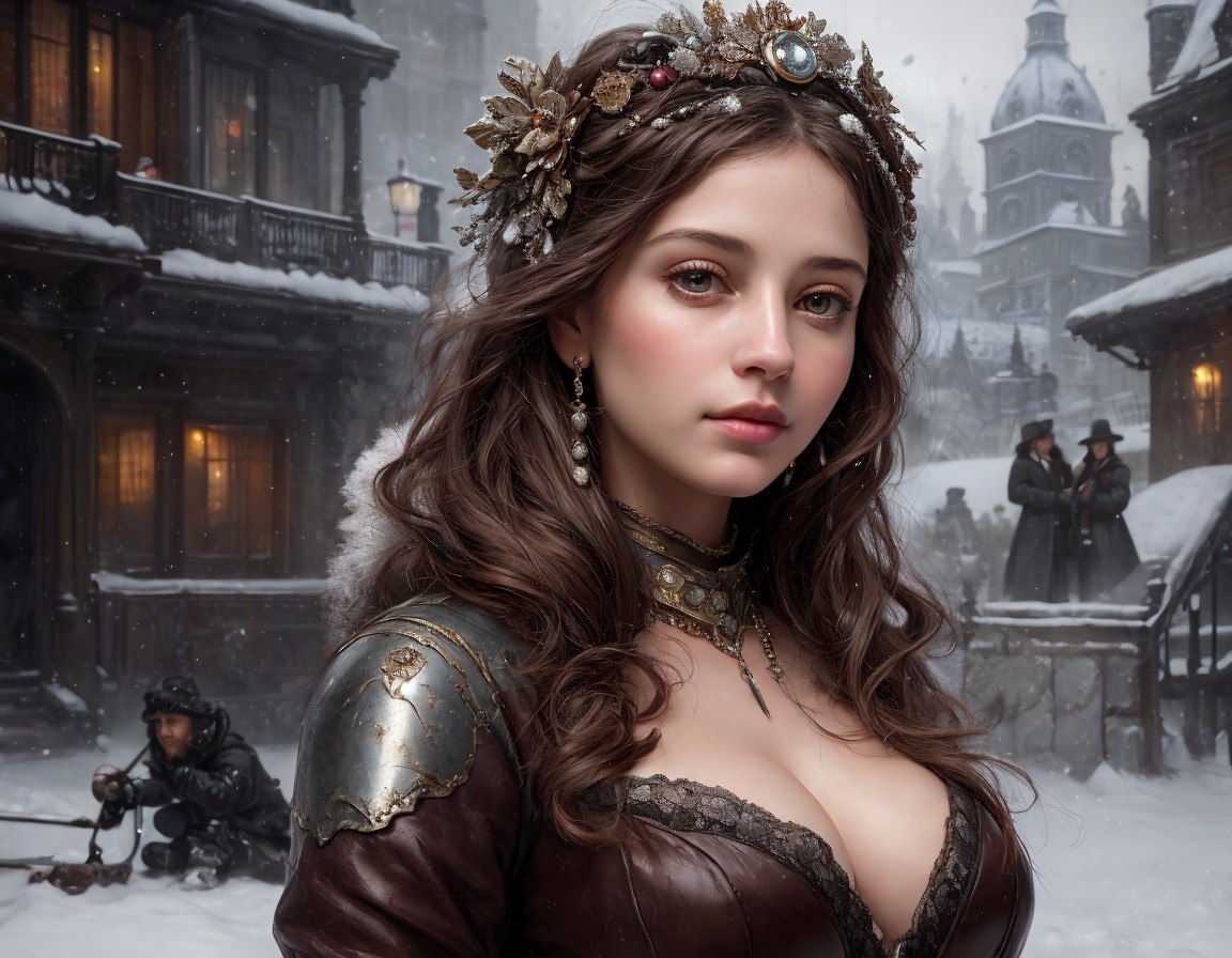 Historical young woman in jeweled headpiece on snowy 19th-century street